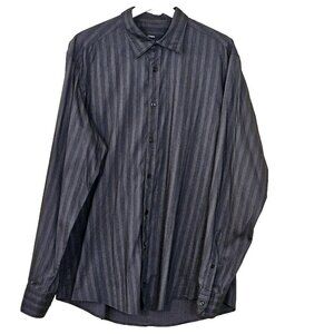 Z Zegna Shirt Mens 16 Gray Black Stripes LS Button Cotton Nylon Elastane Stretch
